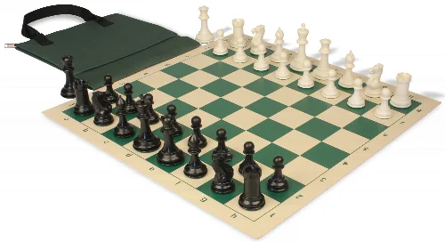 Conqueror Easy-Carry Plastic Chess Set Black & Ivory Pieces with Vinyl Rollup Board - Green - Image 1