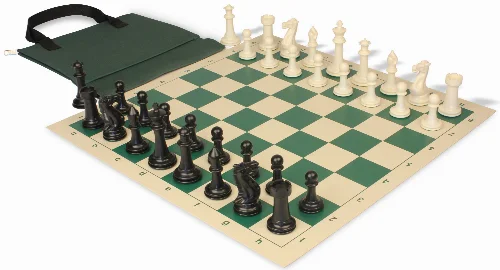 Executive Easy-Carry Plastic Chess Set Black & Ivory Pieces with Vinyl Rollup Board - Green - Image 1