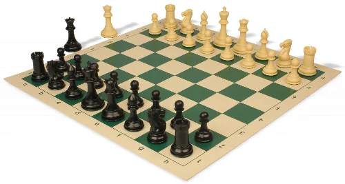 Conqueror Plastic Chess Set Black & Camel Pieces with Rollup Board - Green - Image 1