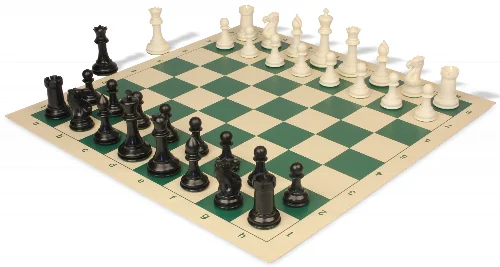 Conqueror Plastic Chess Set Black & Ivory Pieces with Rollup Board - Green - Image 1