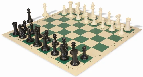 Executive Plastic Chess Set Black & Ivory Pieces with Vinyl Roll-up Board - Green - Image 1