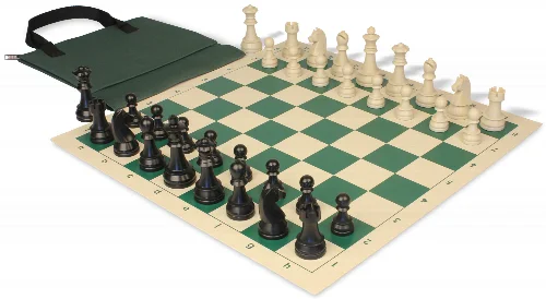 German Knight Easy-Carry Plastic Chess Set Black & Aged Ivory Pieces with Vinyl Rollup Board - Green - Image 1
