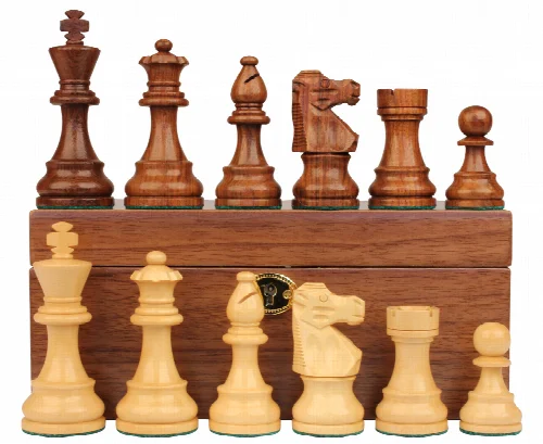 French Lardy Staunton Chess Set Golden Rosewood & Boxwood Pieces with Walnut Chess Box - 3.25" King - Image 1