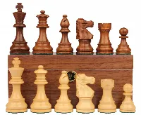 French Lardy Staunton Chess Set Golden Rosewood & Boxwood Pieces with Walnut Chess Box - 3.25" King