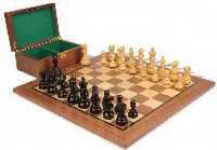 French Lardy Staunton Chess Set Ebonized & Boxwood Pieces with Classic Walnut Board & Box - 3.25" King