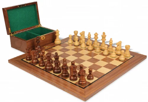 French Lardy Staunton Chess Set Golden Rosewood & Boxwood Pieces with Classic Walnut Board & Box - 3.25" King - Image 1