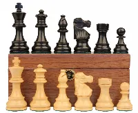 French Lardy Staunton Chess Set Ebonized & Boxwood Pieces with Walnut Chess Box - 3.25" King