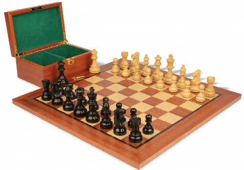 French Lardy Staunton Chess Set Ebonized & Boxwood Pieces with Classic Mahogany Board & Box - 3.25" King - Image 1