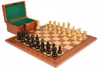 French Lardy Staunton Chess Set Ebonized & Boxwood Pieces with Classic Mahogany Board & Box - 3.25" King