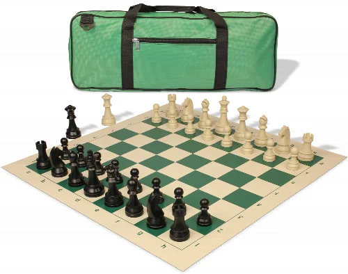 German Knight Deluxe Carry-All Plastic Chess Set Black & Aged Ivory Pieces with Roll-up Vinyl Board & Bag - Lime Green - Image 1