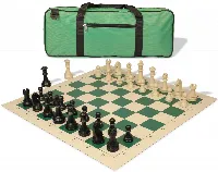 German Knight Deluxe Carry-All Plastic Chess Set Black & Aged Ivory Pieces with Roll-up Vinyl Board & Bag - Lime Green
