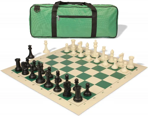 Professional Deluxe Carry-All Plastic Chess Set Black & Ivory Pieces with Vinyl Roll-up Board & Bag - Lime Green - Image 1