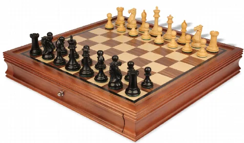New Exclusive Staunton Chess Set Ebonized & Boxwood Pieces with Walnut Chess Case - 3.5" King - Image 1