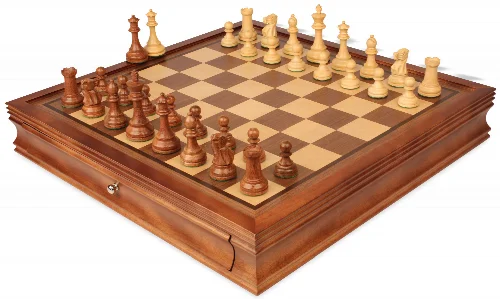 British Staunton Chess Set Acacia & Boxwood Pieces with Deluxe Two-Drawer Walnut Case - 3.5" King - Image 1