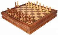 British Staunton Chess Set Acacia & Boxwood Pieces with Deluxe Two-Drawer Walnut Case - 3.5" King