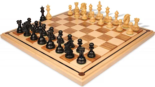 Wellington Staunton Chess Set Ebony & Boxwood Pieces with Mission Craft Zebra Wood & Maple Chess Board - 4.25" King - Image 1