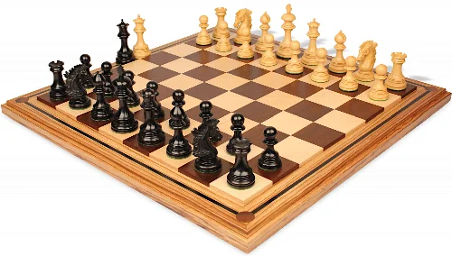 Wellington Staunton Chess Set Ebony & Boxwood Pieces with Mission Craft Walnut, Maple & Zebra Wood Chess Board - 4.25" King - Image 1
