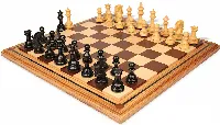Wellington Staunton Chess Set Ebony & Boxwood Pieces with Mission Craft Walnut, Maple & Zebra Wood Chess Board - 4.25" King