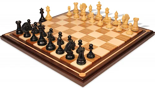 Hengroen Staunton Chess Set Ebony & Boxwood Pieces with Mission Craft Zebra Wood, Maple & Walnut Board - 4.6" King - Image 1