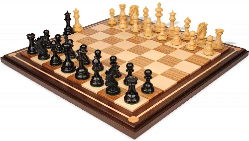 Wellington Staunton Chess Set Ebony & Boxwood Pieces with Mission Craft Zebra Wood, Maple & Walnut Chess Board - 4.25" King - Image 1