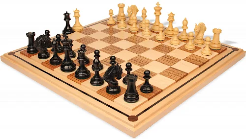 Hengroen Staunton Chess Set Ebony & Boxwood Pieces with Mission Craft Zebra Wood & Maple Board - 4.6" King - Image 1