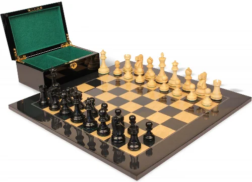 Deluxe Old Club Staunton Chess Set Ebony & Boxwood Pieces with Black & Ash Burl Chess Board & Box - 3.25" King - Image 1