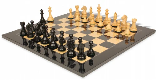 Fierce Knight Staunton Chess Set Ebony & Boxwood Pieces with Black & Ash Burl Chess Board - 3" King - Image 1