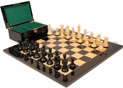 New Exclusive Staunton Chess Set Ebony & Boxwood Pieces with Black & Ash Burl Chess Board & Box - 3" King - Image 1
