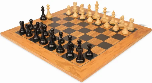 British Staunton Chess Set Ebony & Boxwood Pieces with Olive Wood & Black Deluxe Board - 3.5" King - Image 1