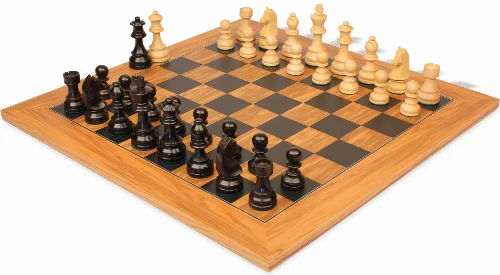 German Knight Staunton Chess Set Ebonized & Boxwood Pieces with Olive Wood & Black Deluxe Board - 3.75" King - Image 1
