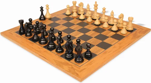Fierce Knight Staunton Chess Set Ebonized & Boxwood Pieces with Olive Wood & Black Deluxe Board - 4" King - Image 1
