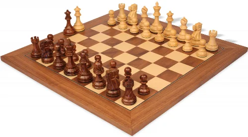 Deluxe Old Club Staunton Chess Set Golden Rosewood & Boxwood Pieces with Walnut & Maple Deluxe Chess Board - 3.75" King - Image 1