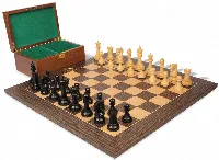 Leningrad Staunton Chess Set Ebonized & Boxwood Pieces with Tiger Ebony Board & Box - 4" King