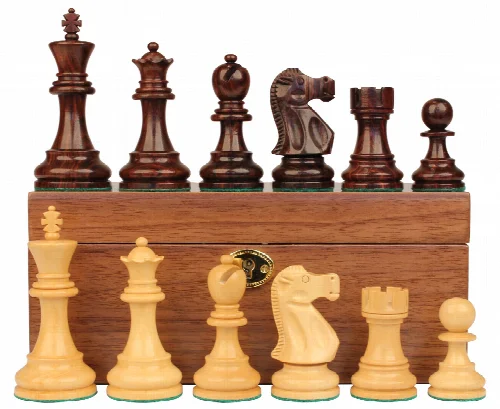 Deluxe Old Club Staunton Chess Set in Rosewood & Boxwood with Walnut Box - 3.75" King - Image 1