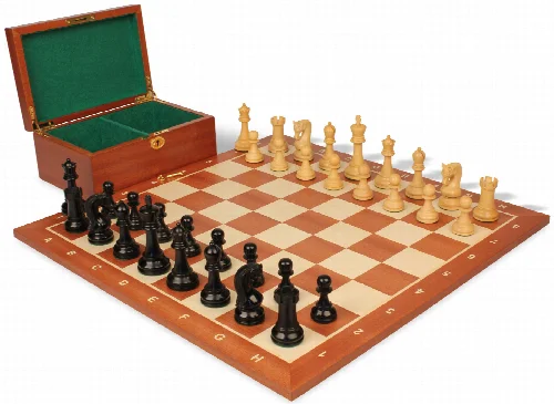 Leningrad Staunton Chess Set Ebonized & Boxwood Pieces with Sunrise Mahogany Notated Board & Box - 4" King - Image 1