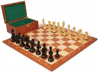 Leningrad Staunton Chess Set Ebonized & Boxwood Pieces with Sunrise Mahogany Notated Board & Box - 4" King