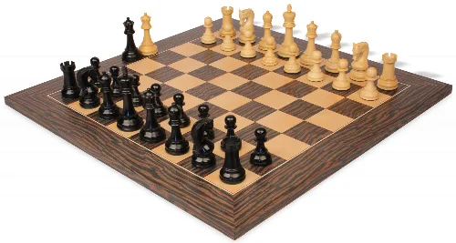 Leningrad Staunton Chess Set Ebonized & Boxwood Pieces with Deluxe Tiger Ebony & Maple Board - 4" King - Image 1