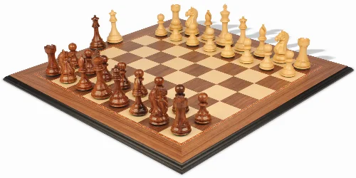 Fierce Knight Staunton Chess Set Golden Rosewood & Boxwood Pieces with Walnut Molded Edge Chess Board - 4" King - Image 1