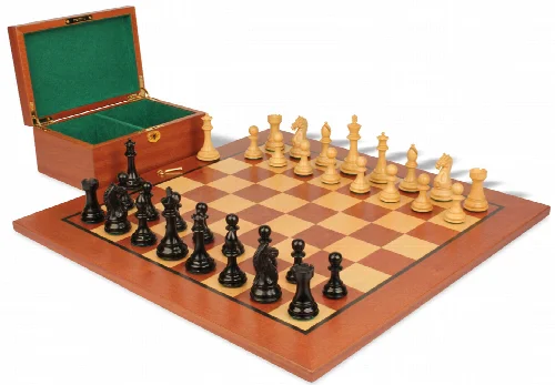 Fierce Knight Staunton Chess Set Ebonized & Boxwood Pieces with Classic Mahogany Board & Box - 4" King - Image 1