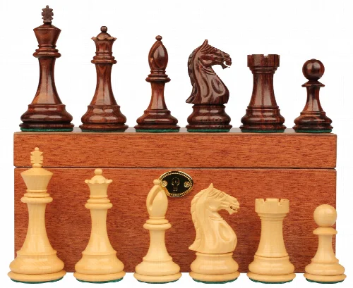 Fierce Knight Staunton Chess Set in Rosewood & Boxwood with Mahogany Box - 4" King - Image 1