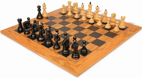 Zagreb Series Chess Set Ebonized & Boxwood Pieces with Olive Wood & Black Deluxe Board - 3.25" King - Image 1