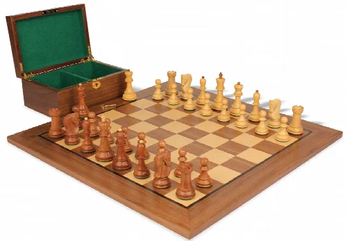 Zagreb Series Chess Set Golden Rosewood & Boxwood Pieces with Classic Walnut Board & Box - 3.25" King - Image 1