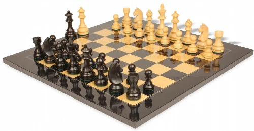 German Knight Staunton Chess Set Ebonized & Boxwood Pieces with Black & Ash Burl Chess Board - 3.25" King - Image 1