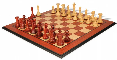 New Exclusive Staunton Chess Set Padauk & Boxwood Pieces with Molded Edge Padauk Chess Board - 3" King - Image 1