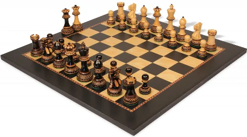 Parker Staunton Chess Set Burnt Boxwood Pieces with The Queen's Gambit Chess Board - 3.75" King - Image 1