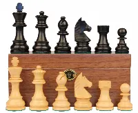 German Knight Staunton Chess Set Ebonized & Boxwood Pieces with Walnut Chess Box - 3.25" King