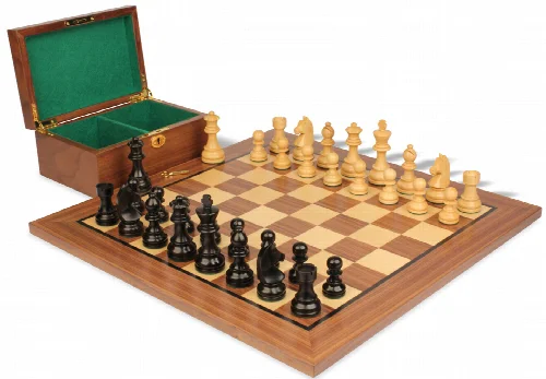 German Knight Staunton Chess Set Ebonized & Boxwood Pieces with Classic Walnut Board & Box - 3.25" King - Image 1