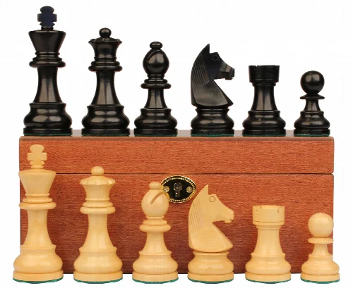 German Knight Staunton Chess Set Ebonized & Boxwood Pieces with Mahogany Chess Box - 3.25" King - Image 1