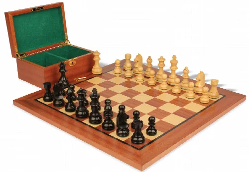 German Knight Staunton Chess Set Ebonized & Boxwood Pieces with Classic Mahogany Board & Box - 3.25" King - Image 1