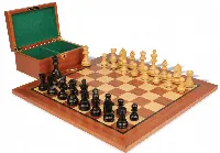 German Knight Staunton Chess Set Ebonized & Boxwood Pieces with Classic Mahogany Board & Box - 3.25" King
